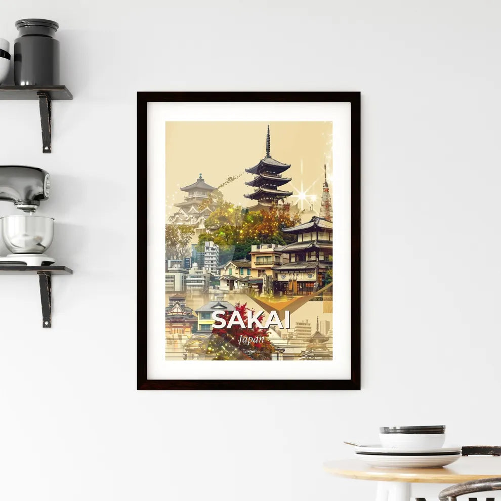 Sakai Skyline Art Deco Poster Beige Framed Print