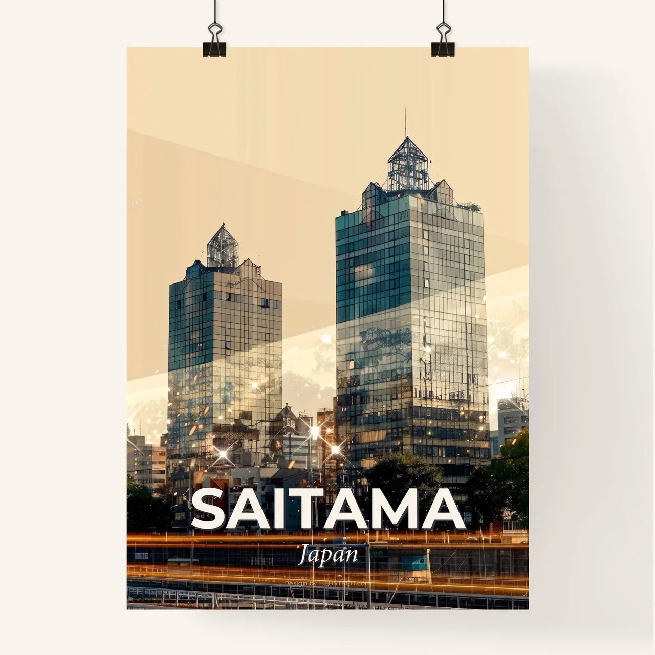 Saitama Skyline at Twilight, Beige Background Poster