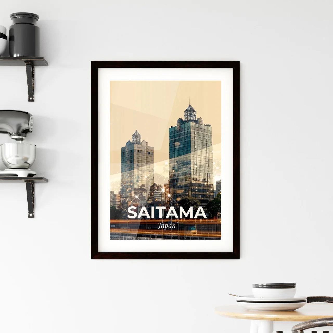 Saitama Skyline at Twilight, Beige Background Framed Print