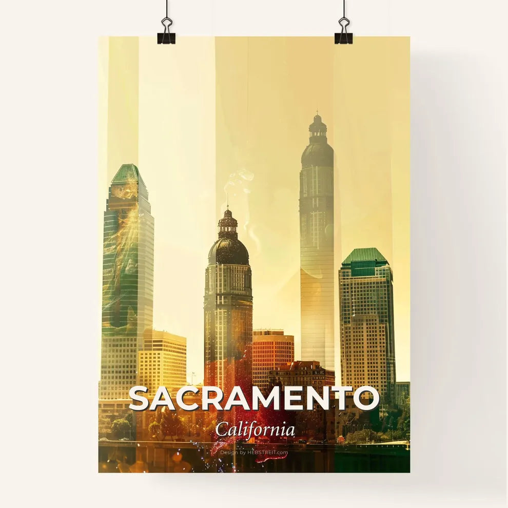 Sacramento City Double Exposure Skyline Art Poster