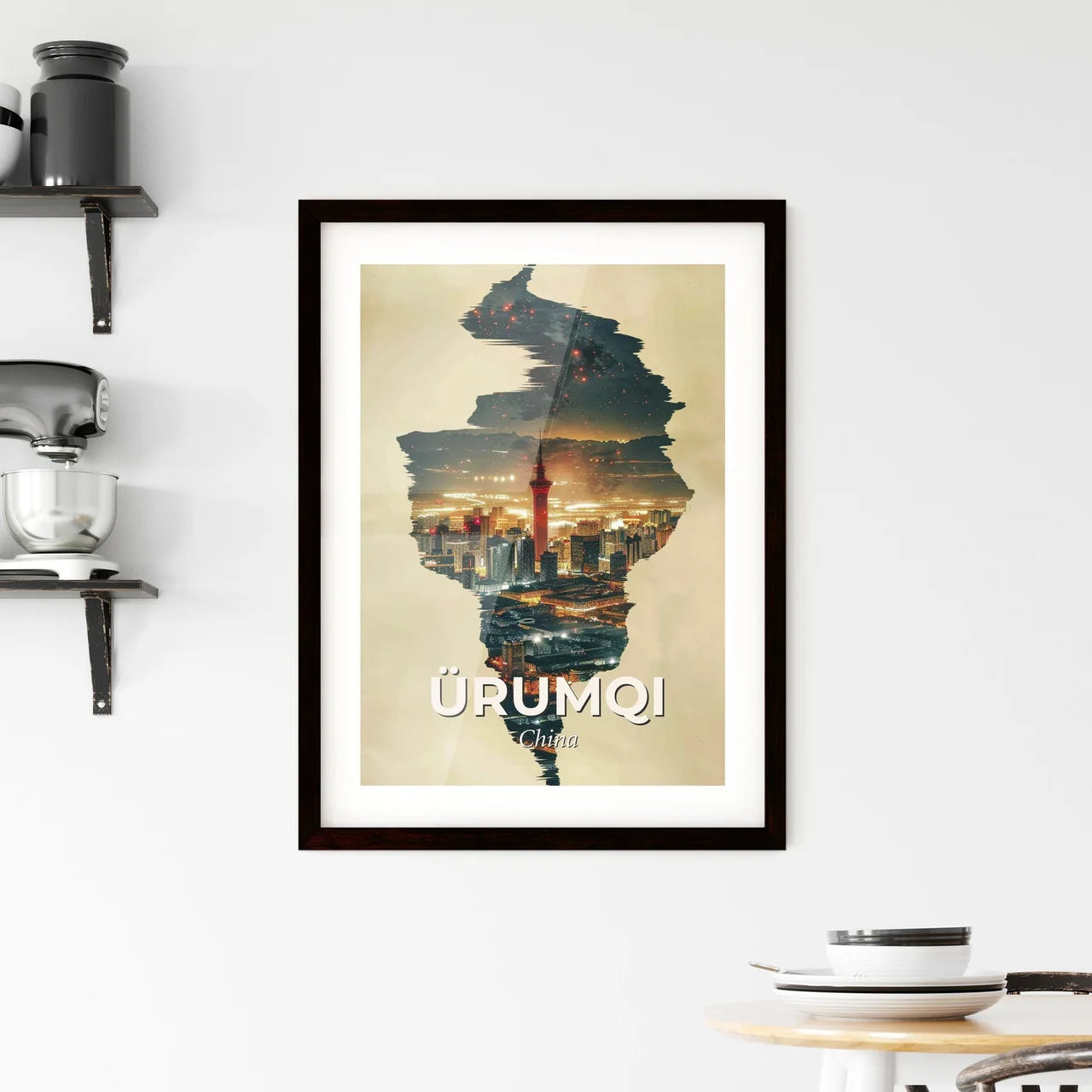 Ürumqi: Double Exposure Skyline Icon Art Poster Framed Print