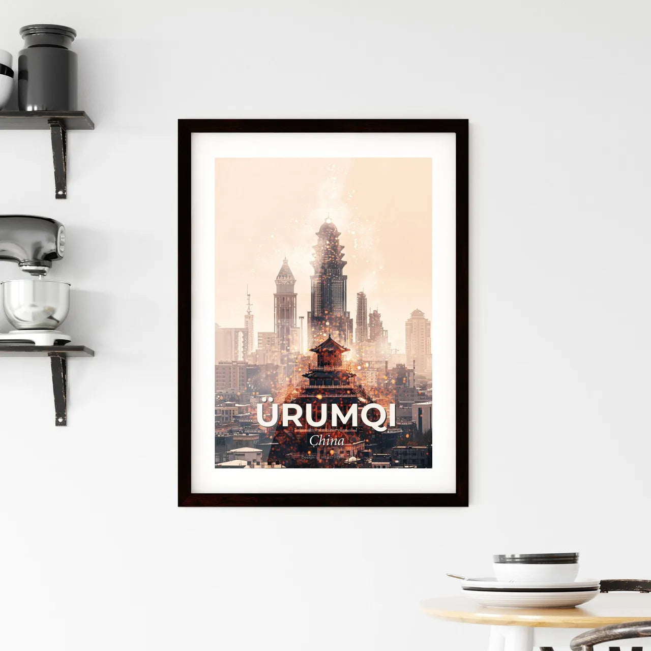 Ürumqi Skyline Sparkles Double Exposure Art Framed Print