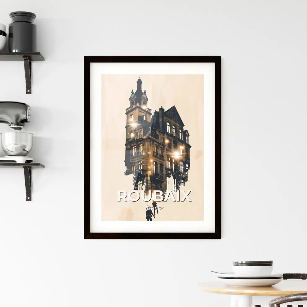 Roubaix Skyline Double Exposure Art Poster Framed Print