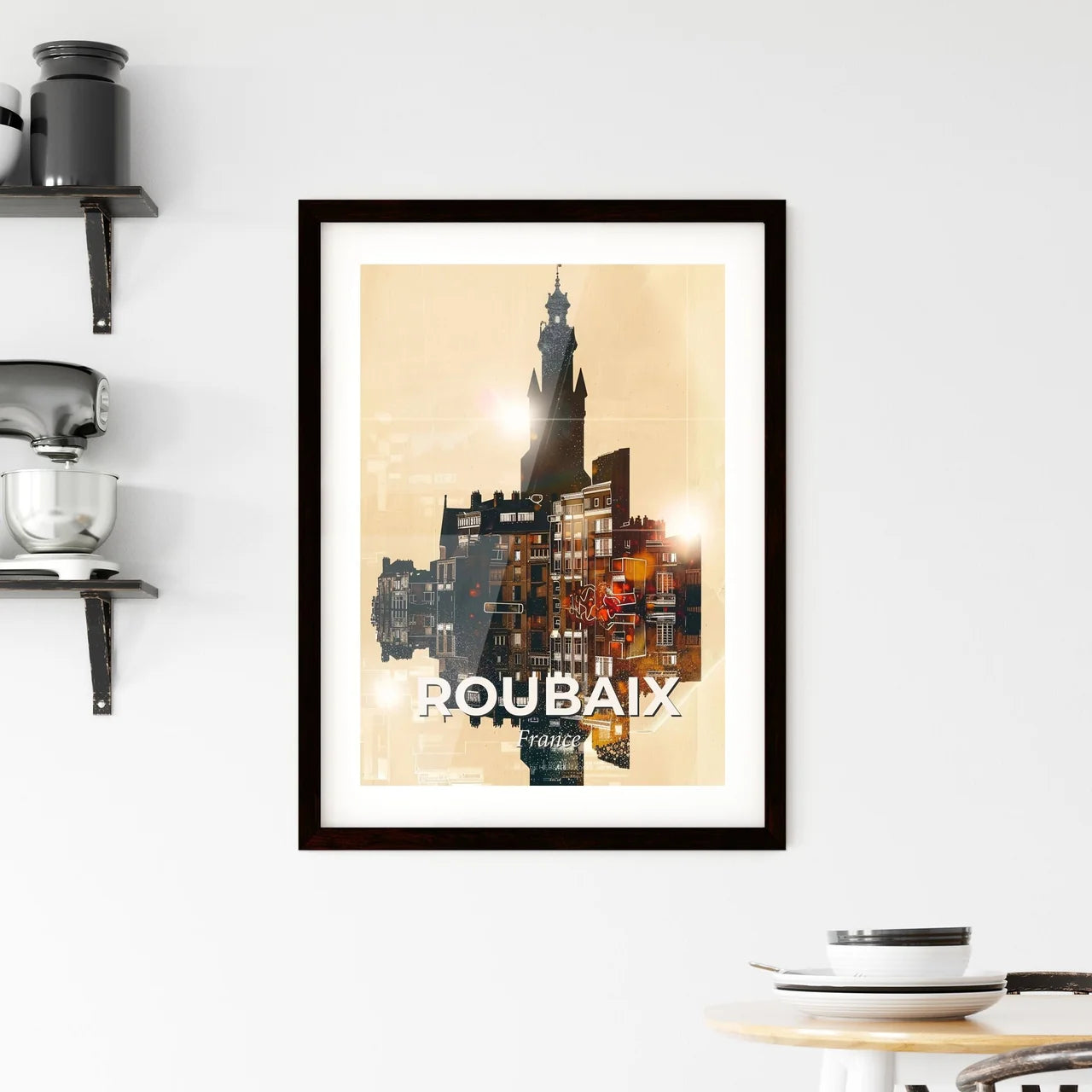 Roubaix City Skyline Double Exposure Skyline Collage Framed Print