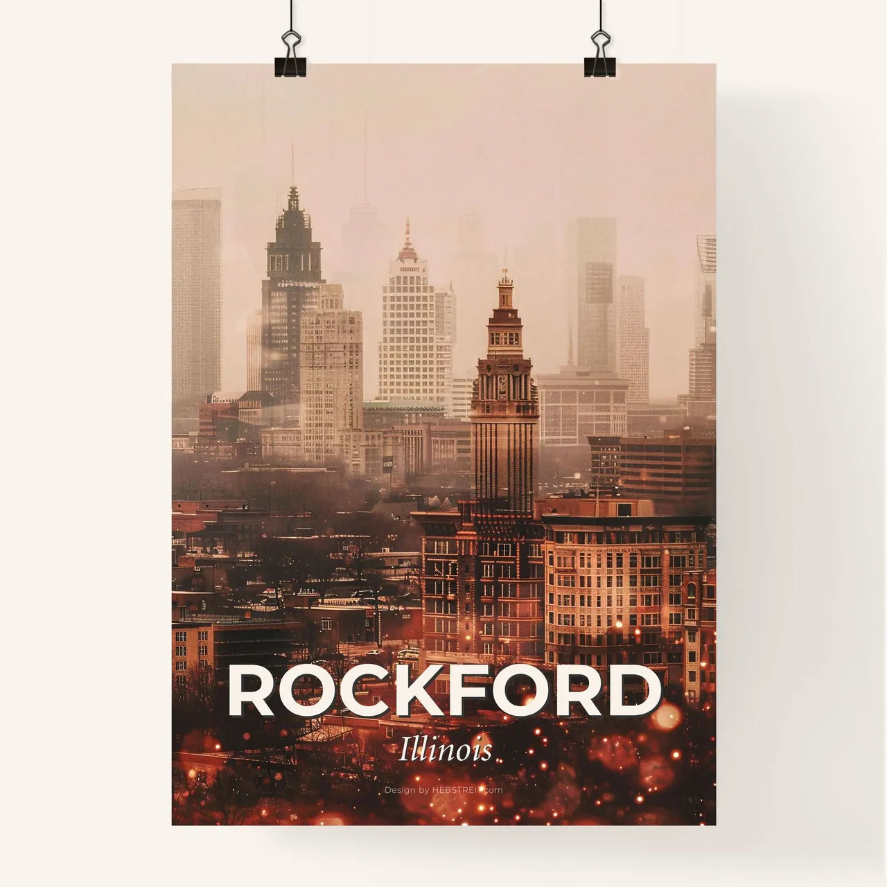 Rockford Cityscape: Local Icons, Bright Beige Poster