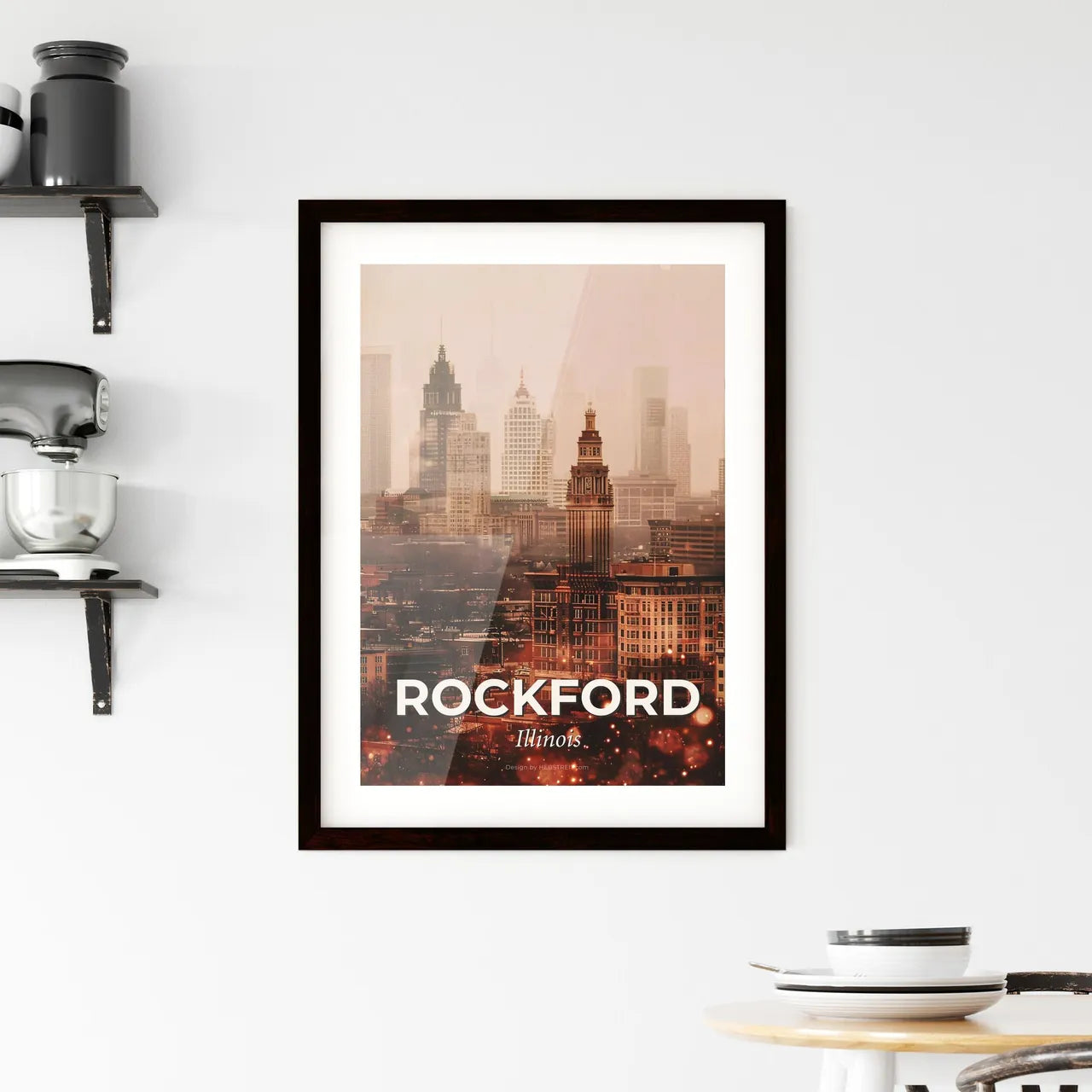 Rockford Cityscape: Local Icons, Bright Beige Framed Print