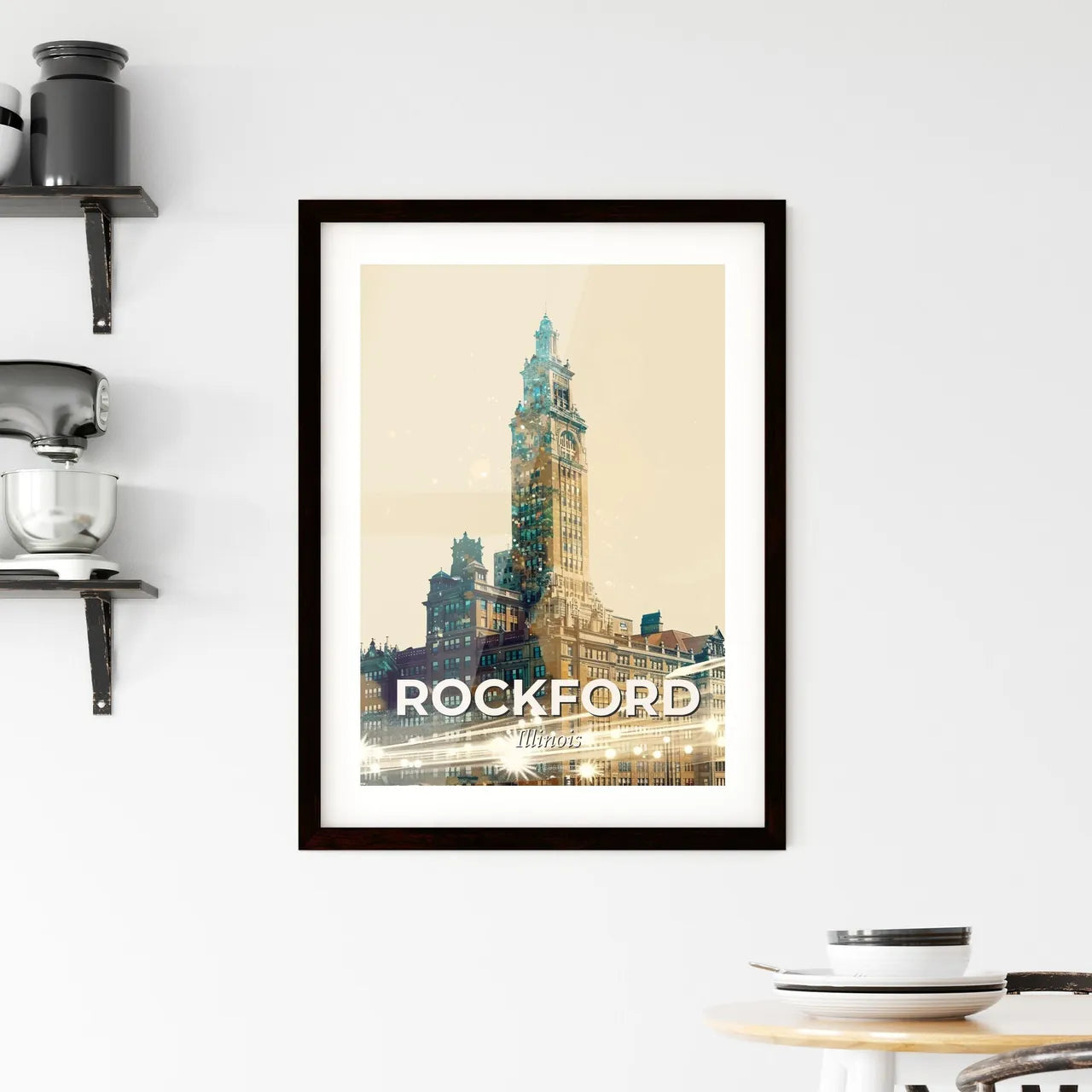 Rockford City Skyline Composite Double Exposure Art Poster Framed Print