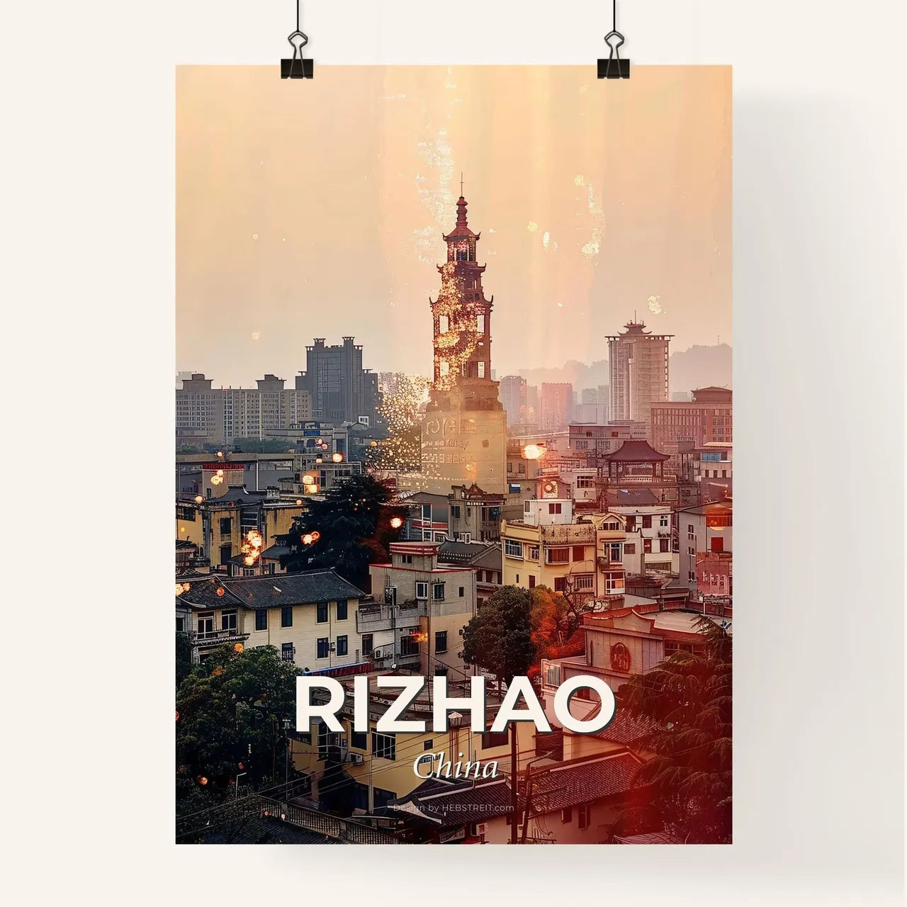 Rizhao Skyline Double Exposure Art Print Poster