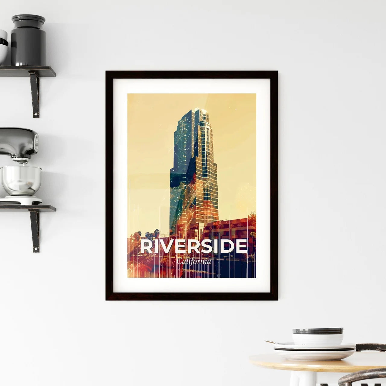Riverside City Skyline Composite Art Bright Beige Poster Framed Print