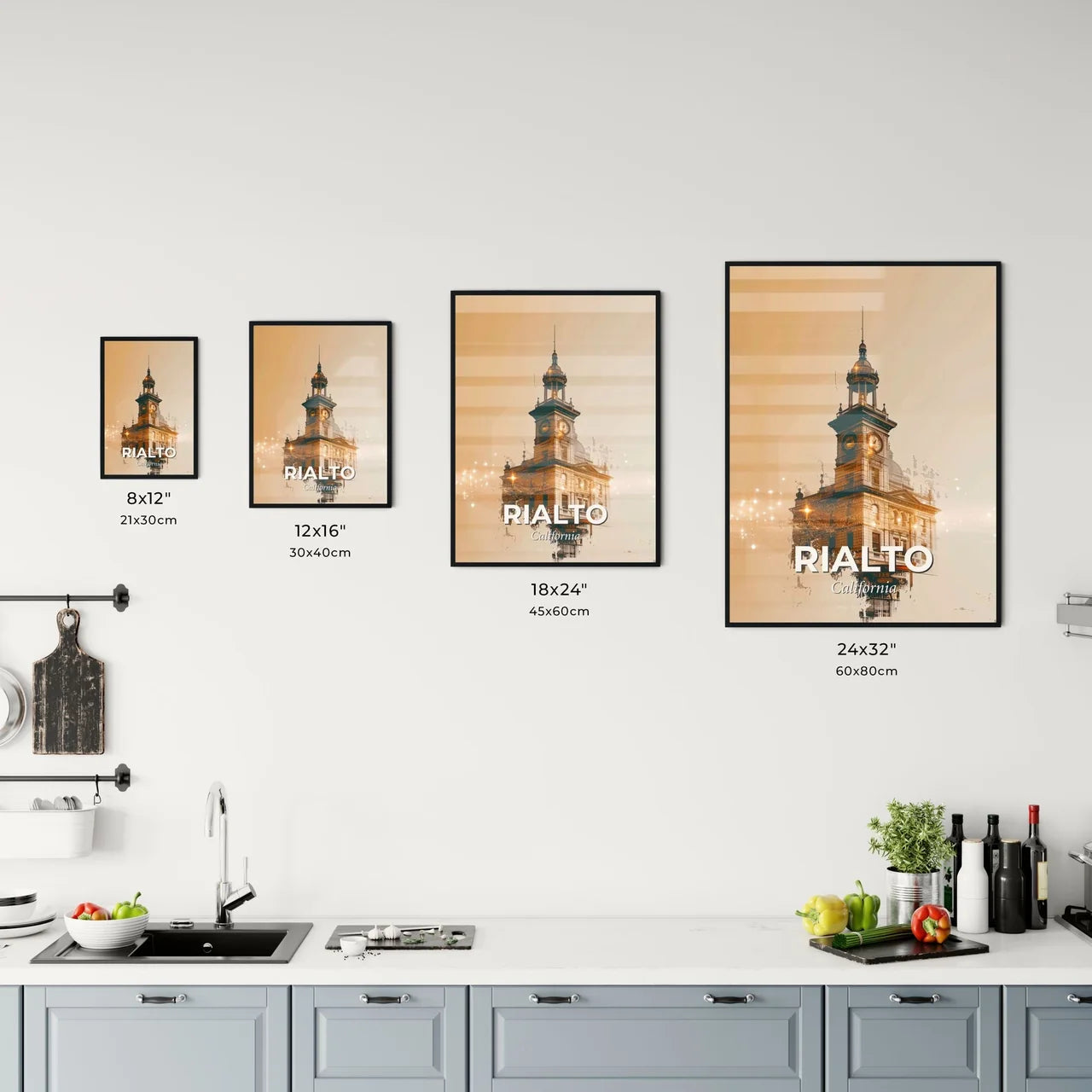 Rialto City Skyline Composite Art, Beige, Sparkles Office Art