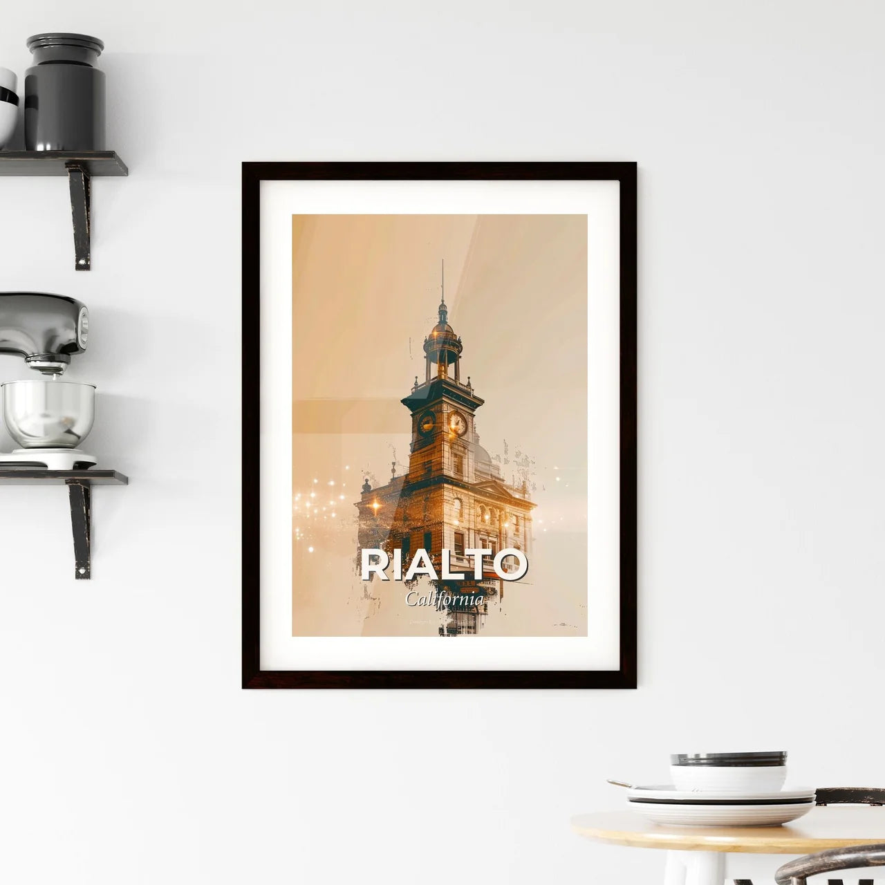 Rialto City Skyline Composite Art, Beige, Sparkles Framed Print