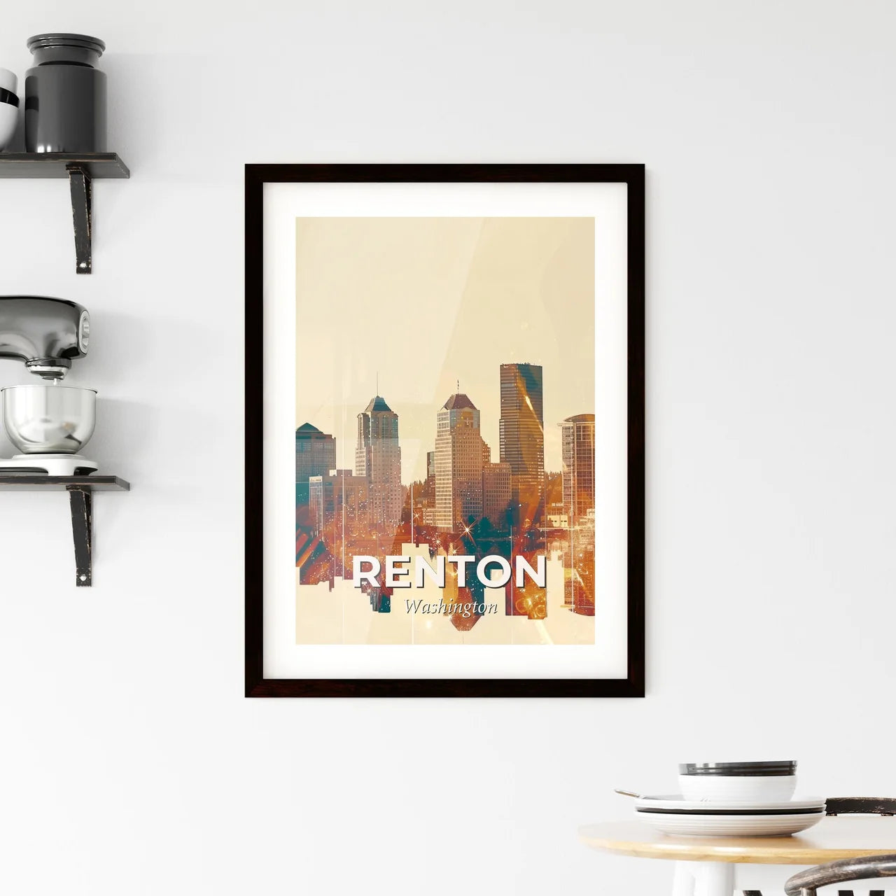Renton: Skyline Icons Composite Double Exposure Skyline Art Poster Framed Print