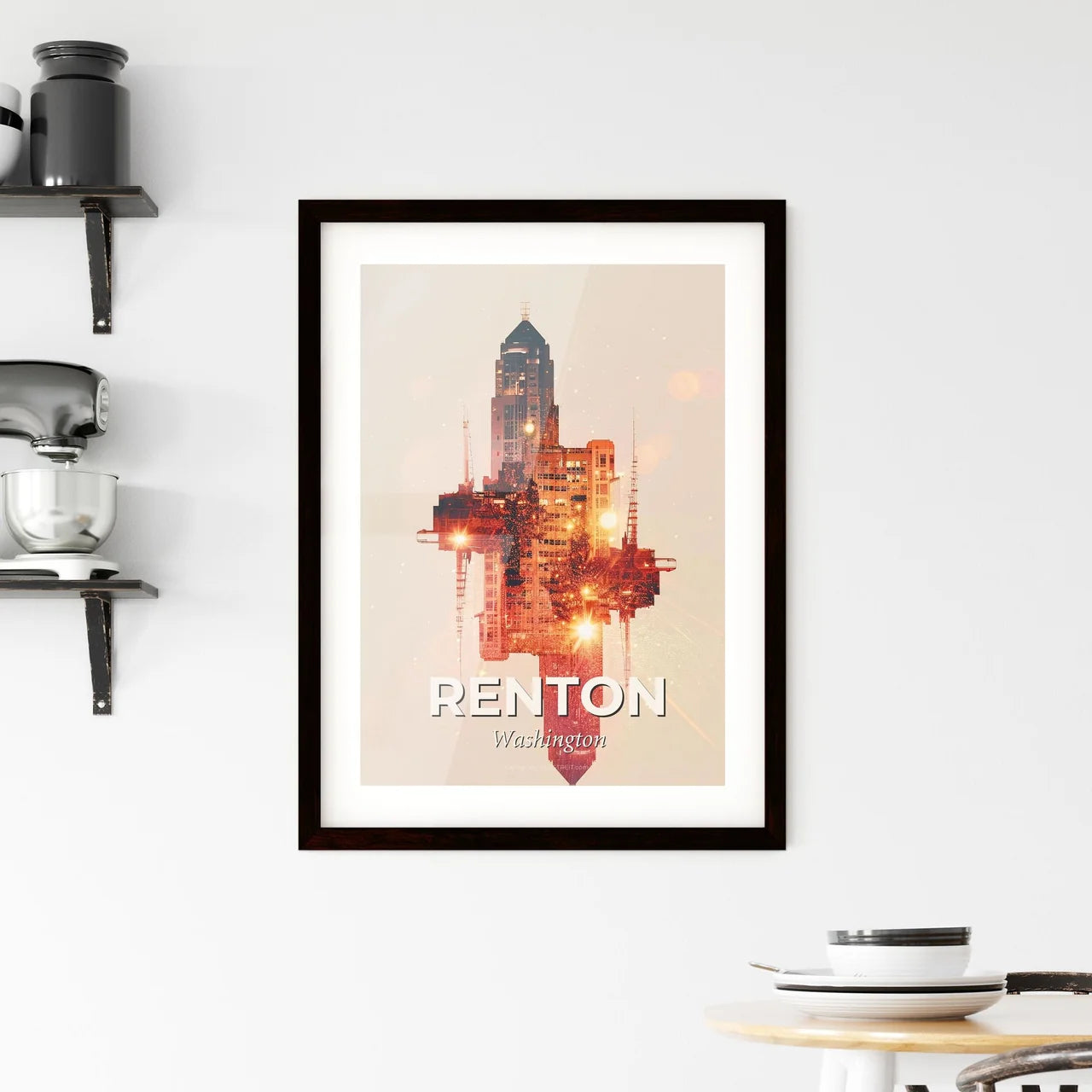 Renton City Skyline Composite Beige Poster Art Framed Print
