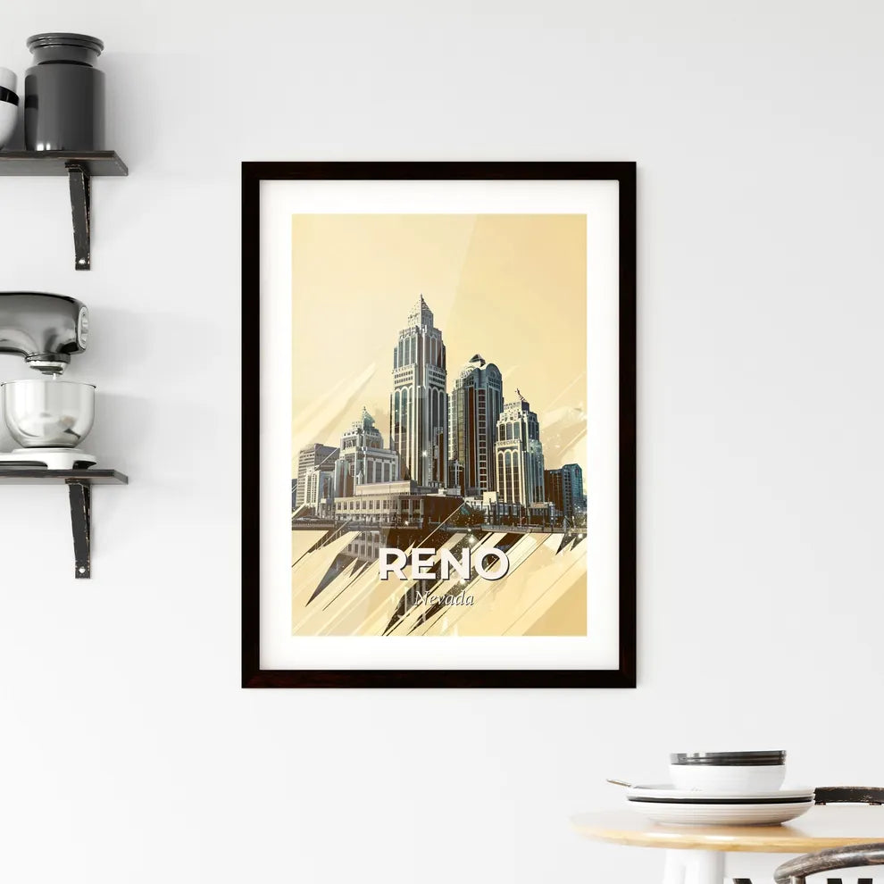 Reno City Skyline Night Lights Beige Art Framed Print