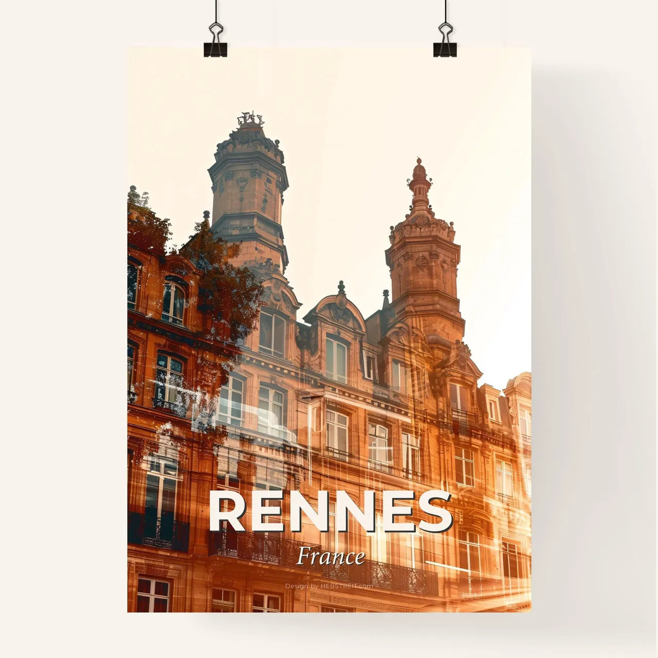 Rennes Skyline Double Exposure Art Bright Beige Poster