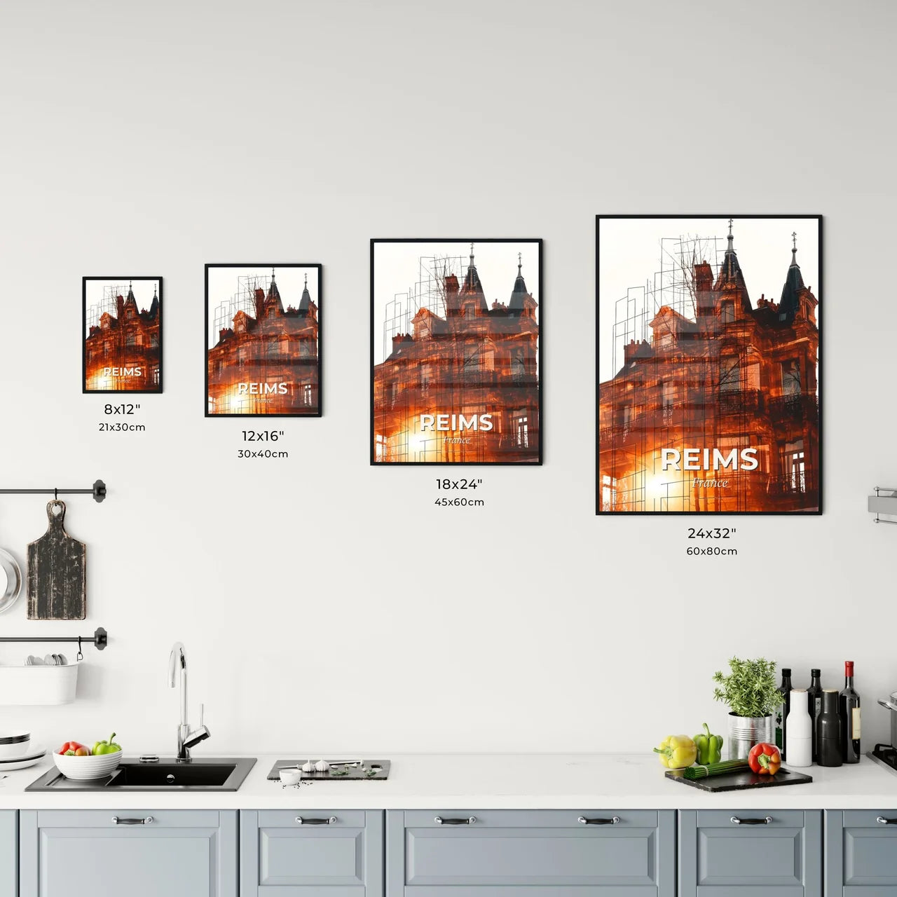 Reims Skyline Double Exposure Silhouette Art on Beige Office Art