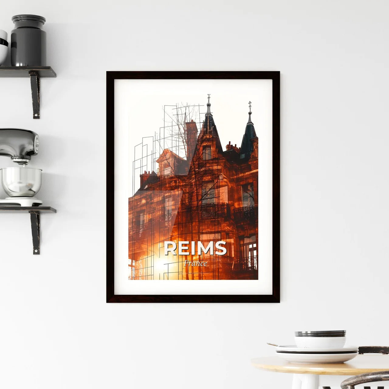Reims Skyline Double Exposure Silhouette Art on Beige Framed Print