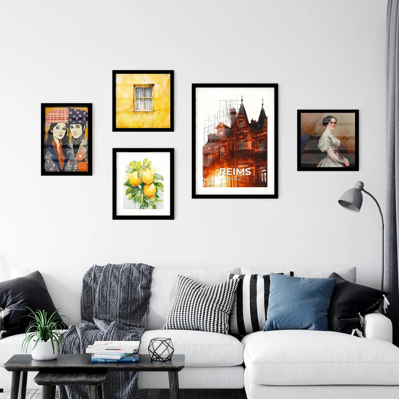 Reims Skyline Double Exposure Silhouette Art on Beige Wall Art