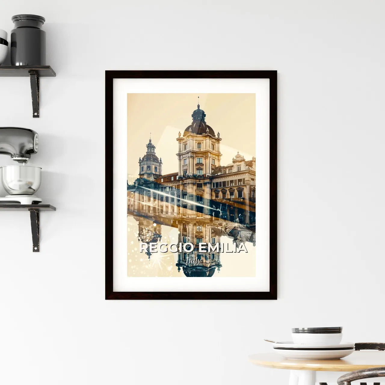Reggio Emilia Cityscape Skyline Art with Sparkles Framed Print