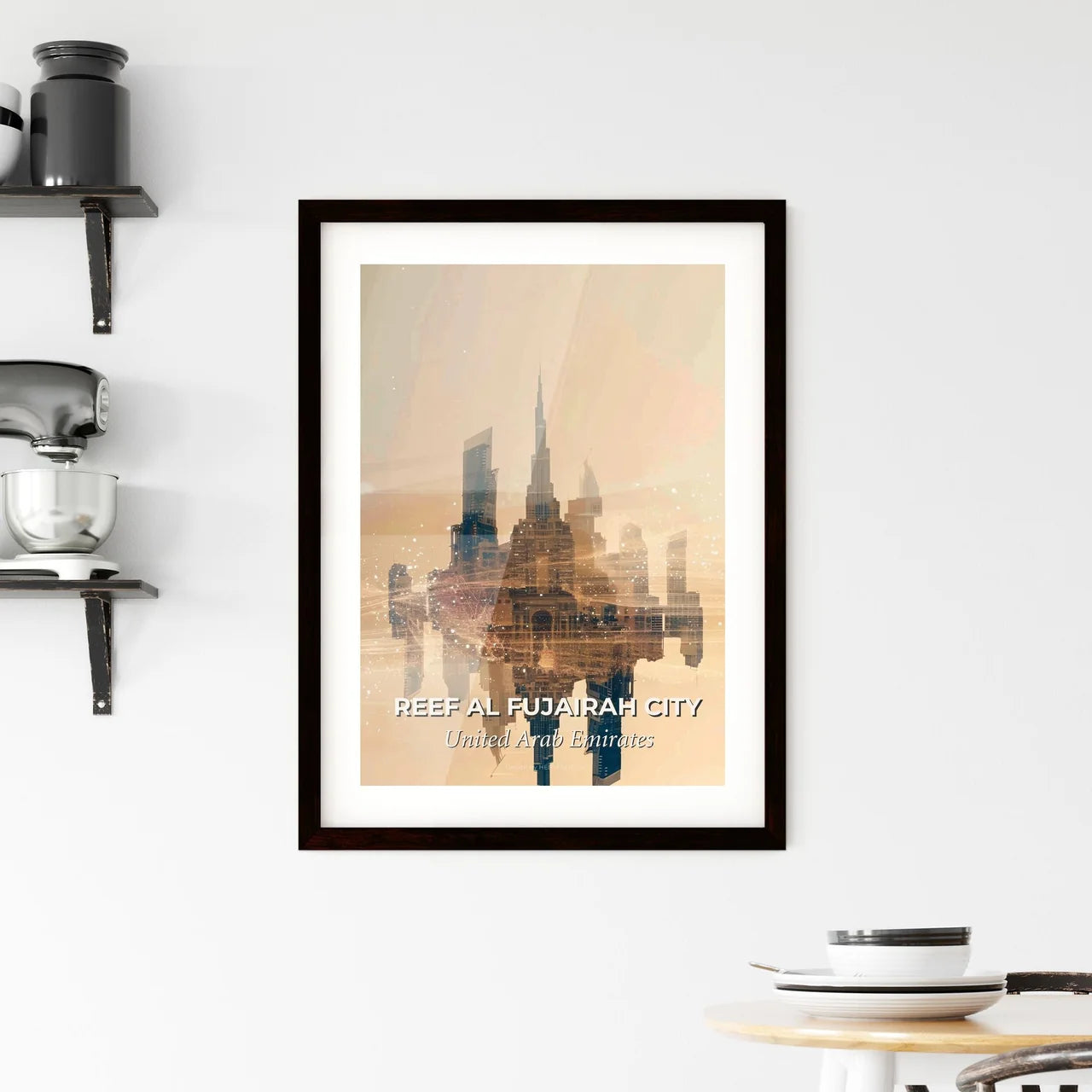 Reef Al Fujairah City Poster: Traditional Architecture and Modern Skyline Framed Print