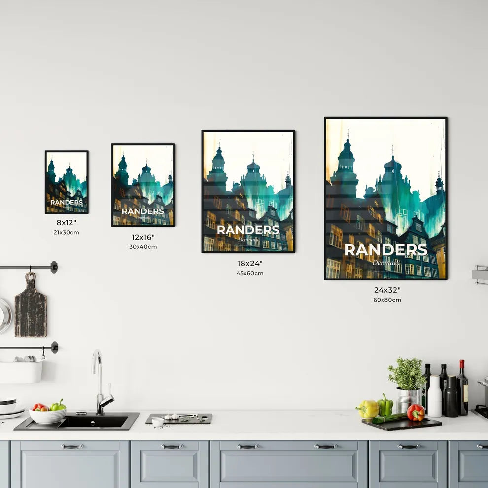 Randers Skyline Icon Poster Art Bright Beige Yellow Turquoise Office Art