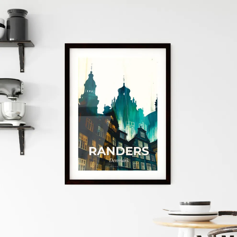 Randers Skyline Icon Poster Art Bright Beige Yellow Turquoise Framed Print