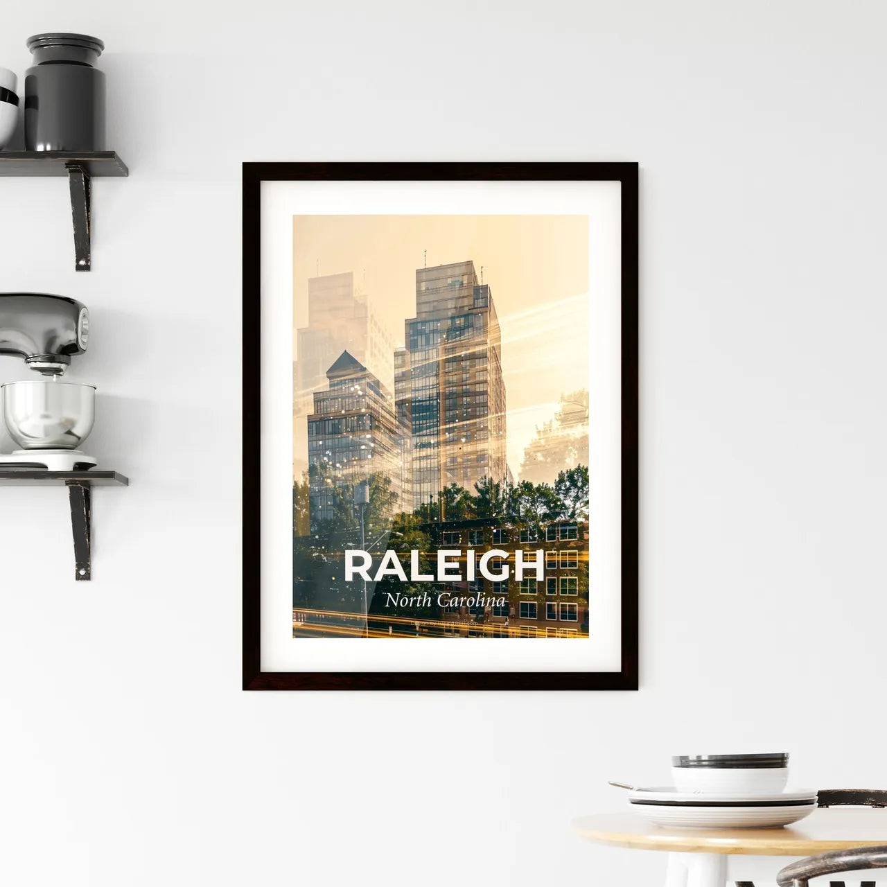 Raleigh City Skyline Poster: Local Charm, Modern Spark Framed Print