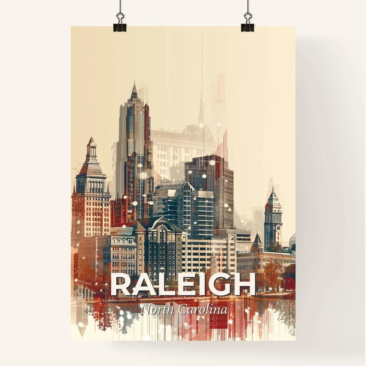 Raleigh's Skyline: Double Exposure Art Poster