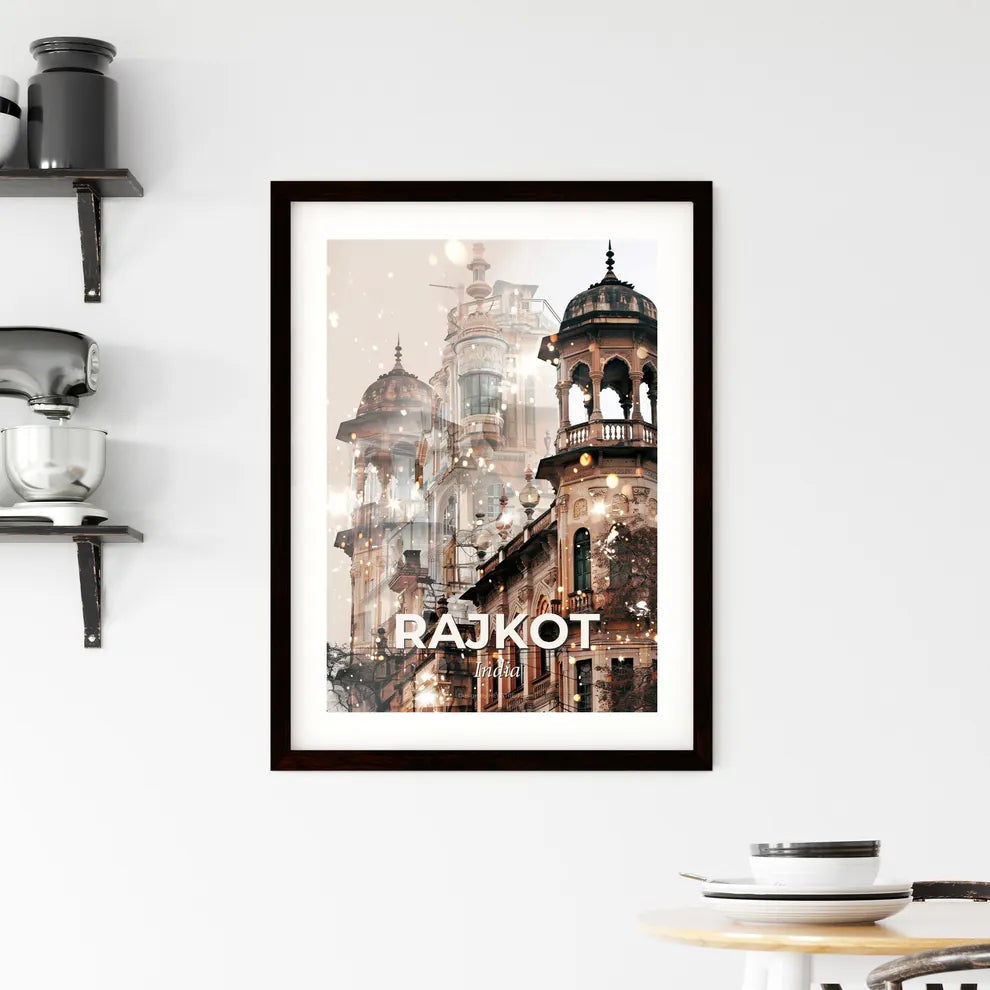 Rajkot: Vibrant Cityscape Silhouette with Sparkle Framed Print