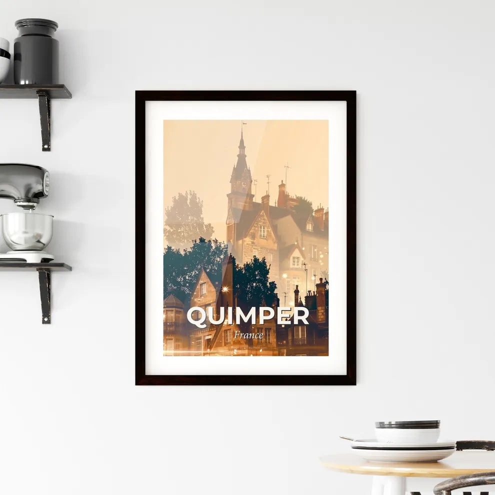 Quimper Brightscape: Skyline Silhouette Cityscape Art Framed Print