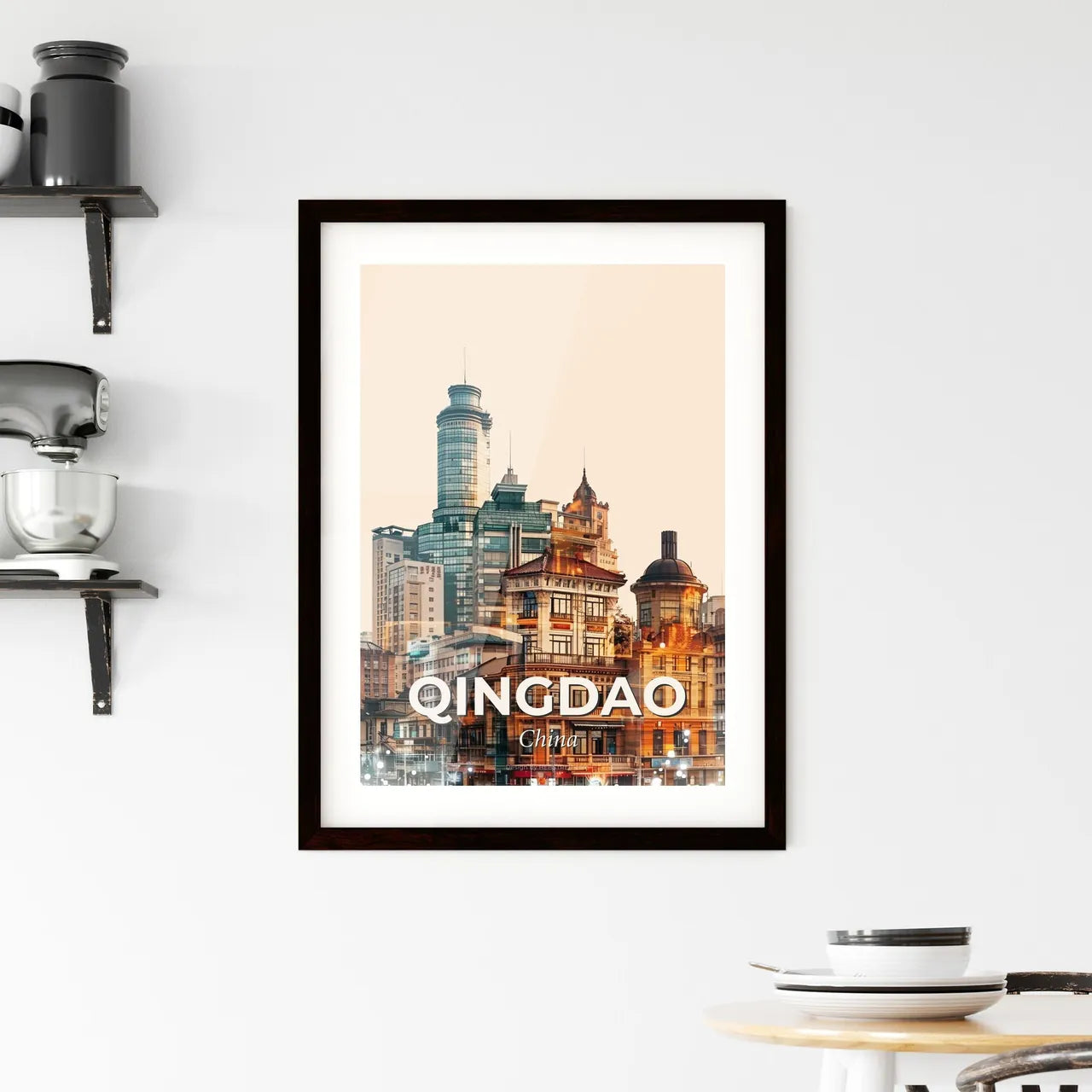 Qingdao Skyline Composite Art with Sparkle Framed Print