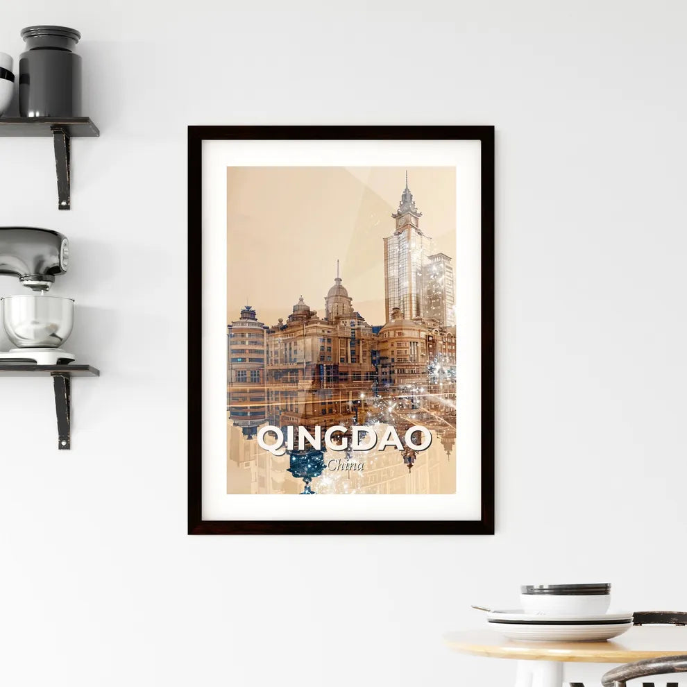 Qingdao Skyline Double Exposure Iconic Art Poster Framed Print