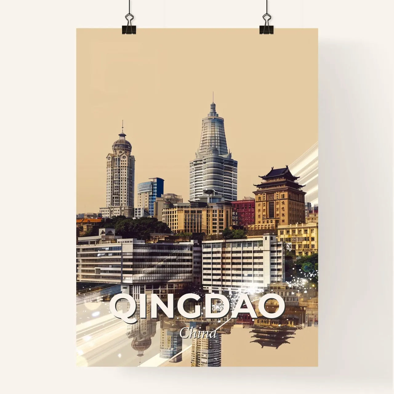 Qingdao Skyline Panorama China Double Exposure Art Poster