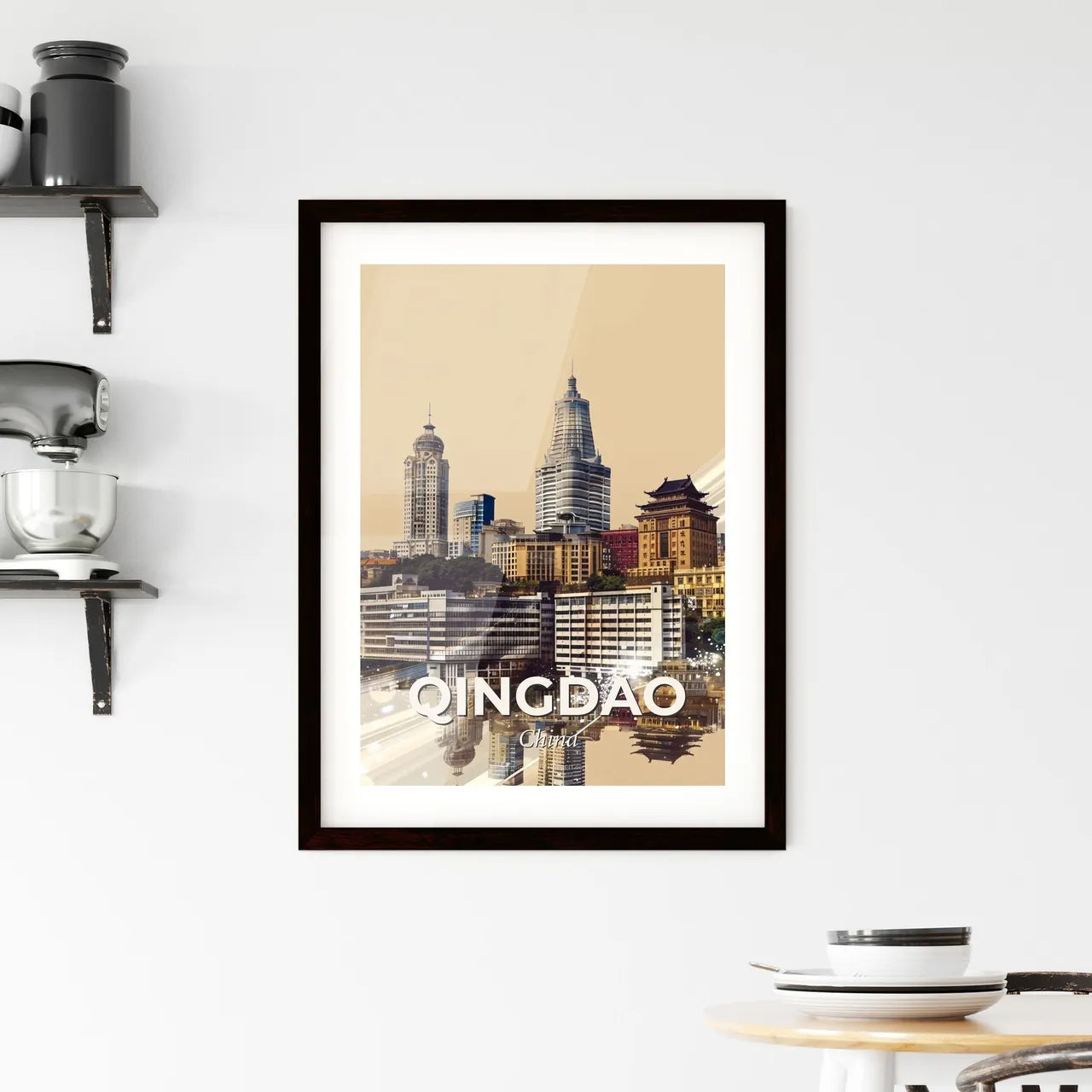 Qingdao Skyline Panorama China Double Exposure Art Framed Print
