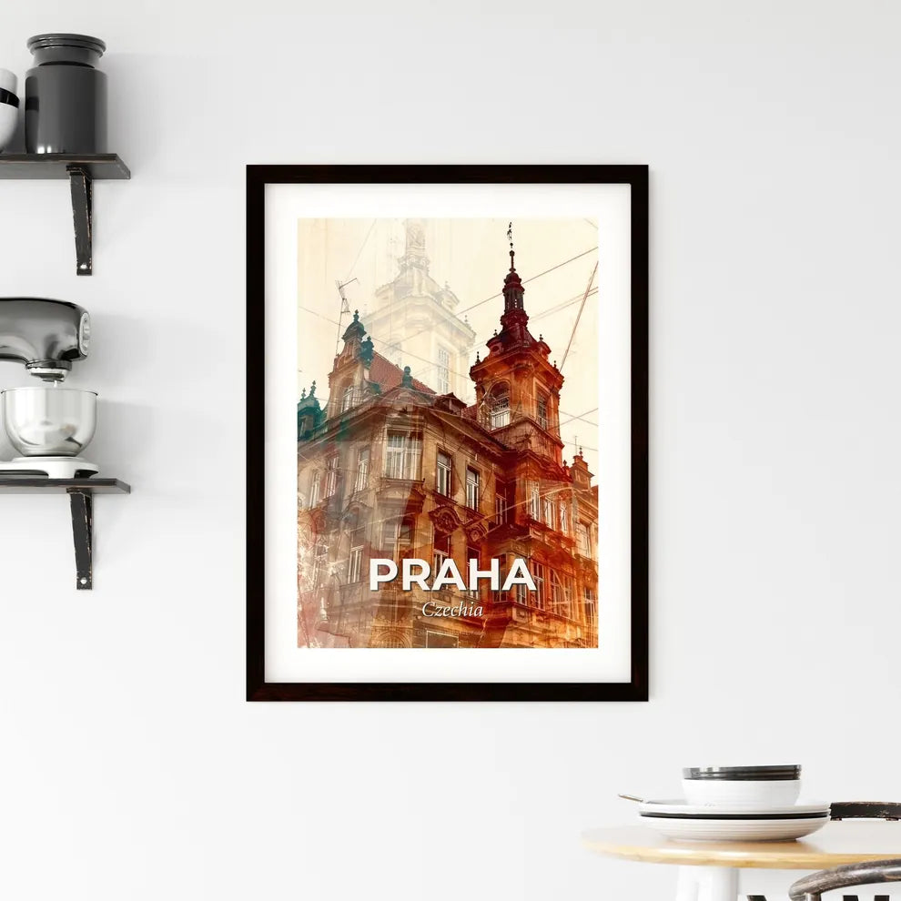 Prague Skyline Double Exposure Art Deco Poster Framed Print