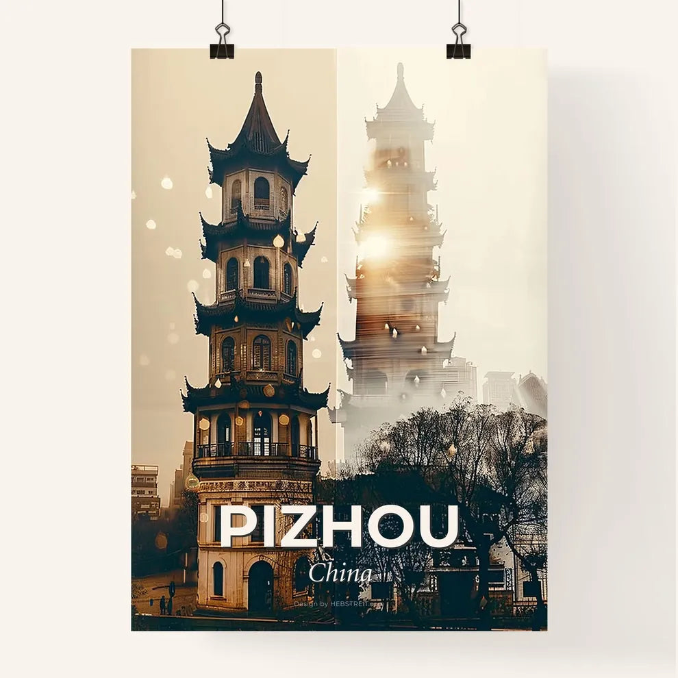 Pizhou Skyline Art: Local Icons in Beige and Sparkle Poster