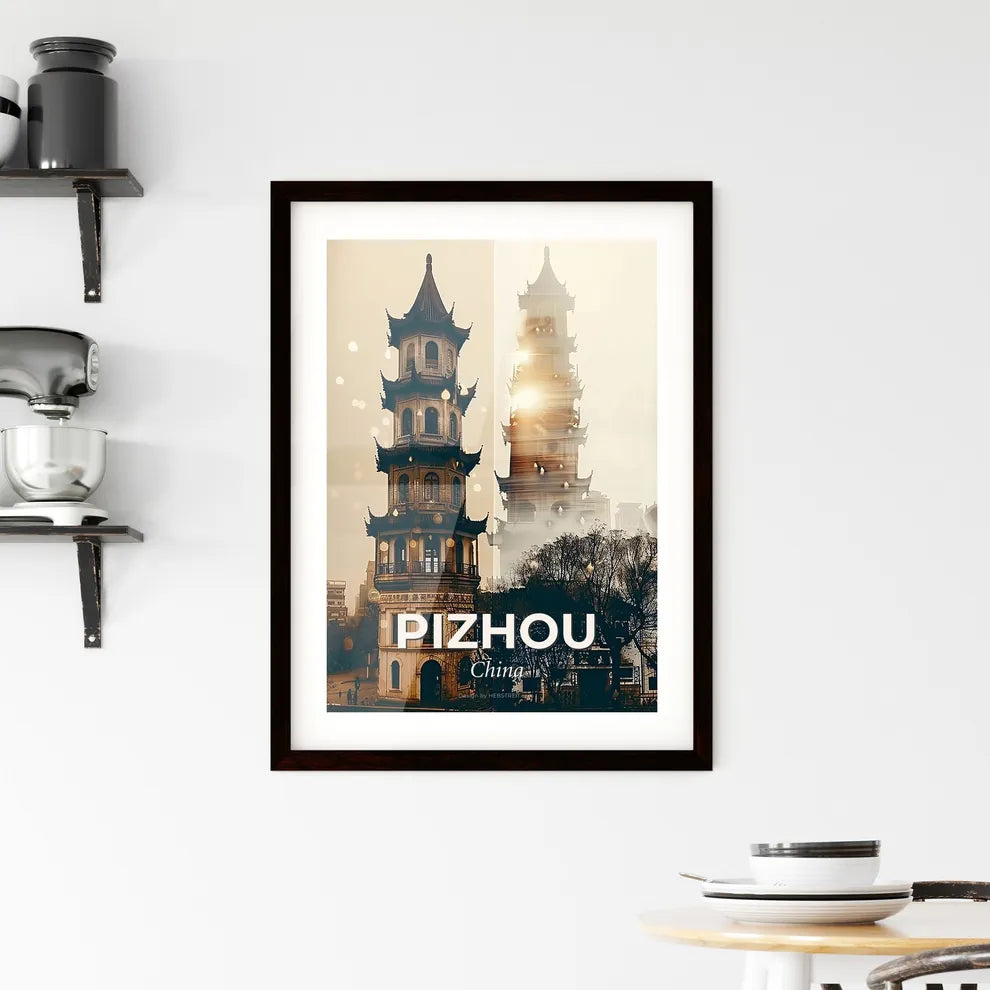 Pizhou Skyline Art: Local Icons in Beige and Sparkle Framed Print