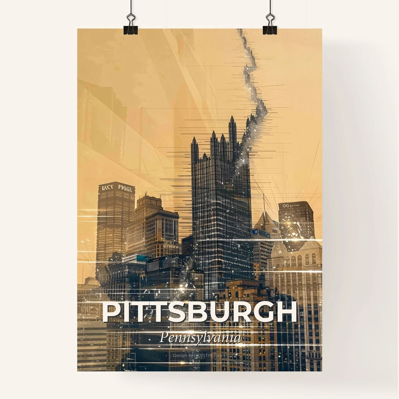 Pittsburgh City Skyline Art Deco Double Exposure Poster