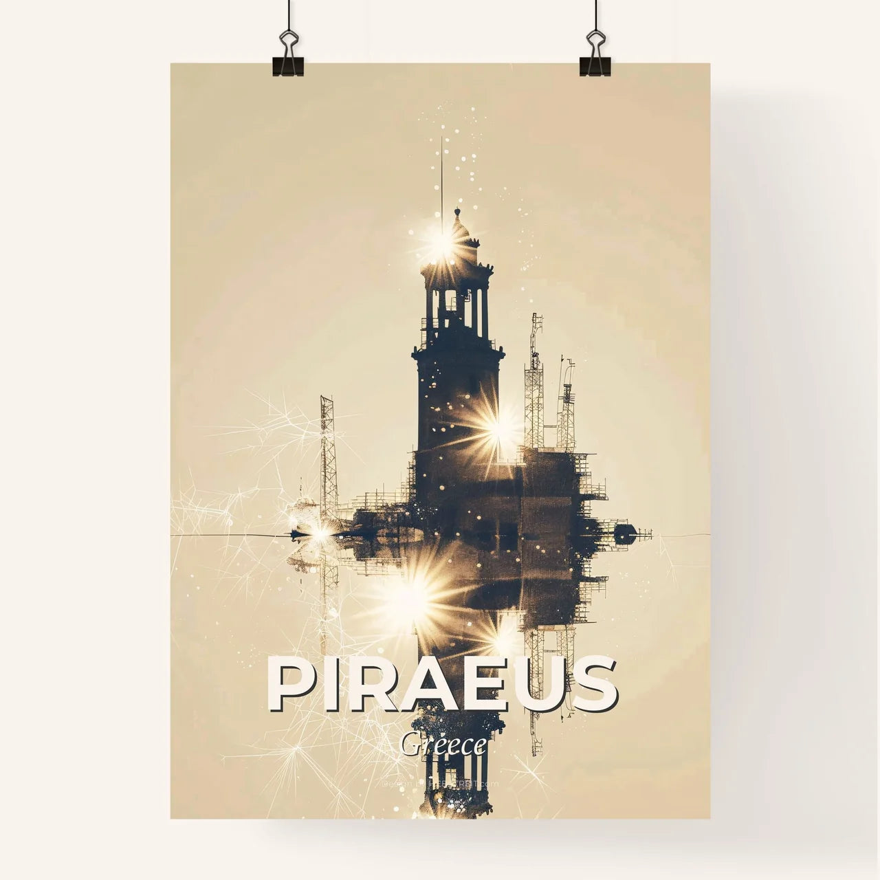 Piraeus Cityscape Silhouette Sparkle Print Poster