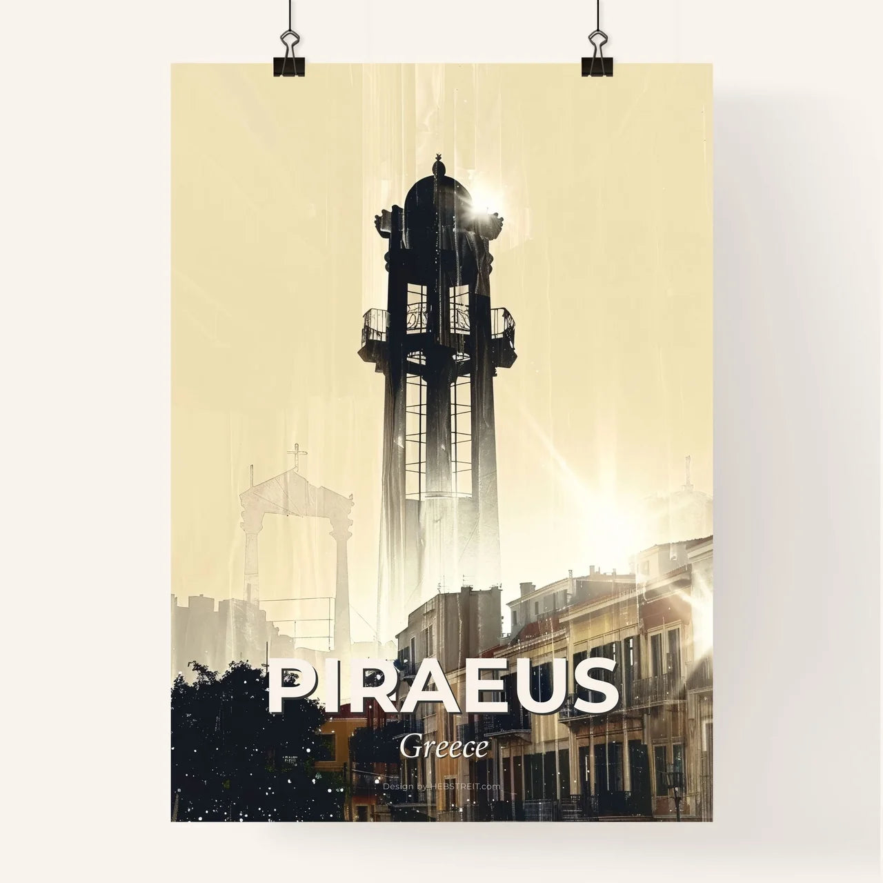Piraeus Skyline Double Exposure Composite Art Poster