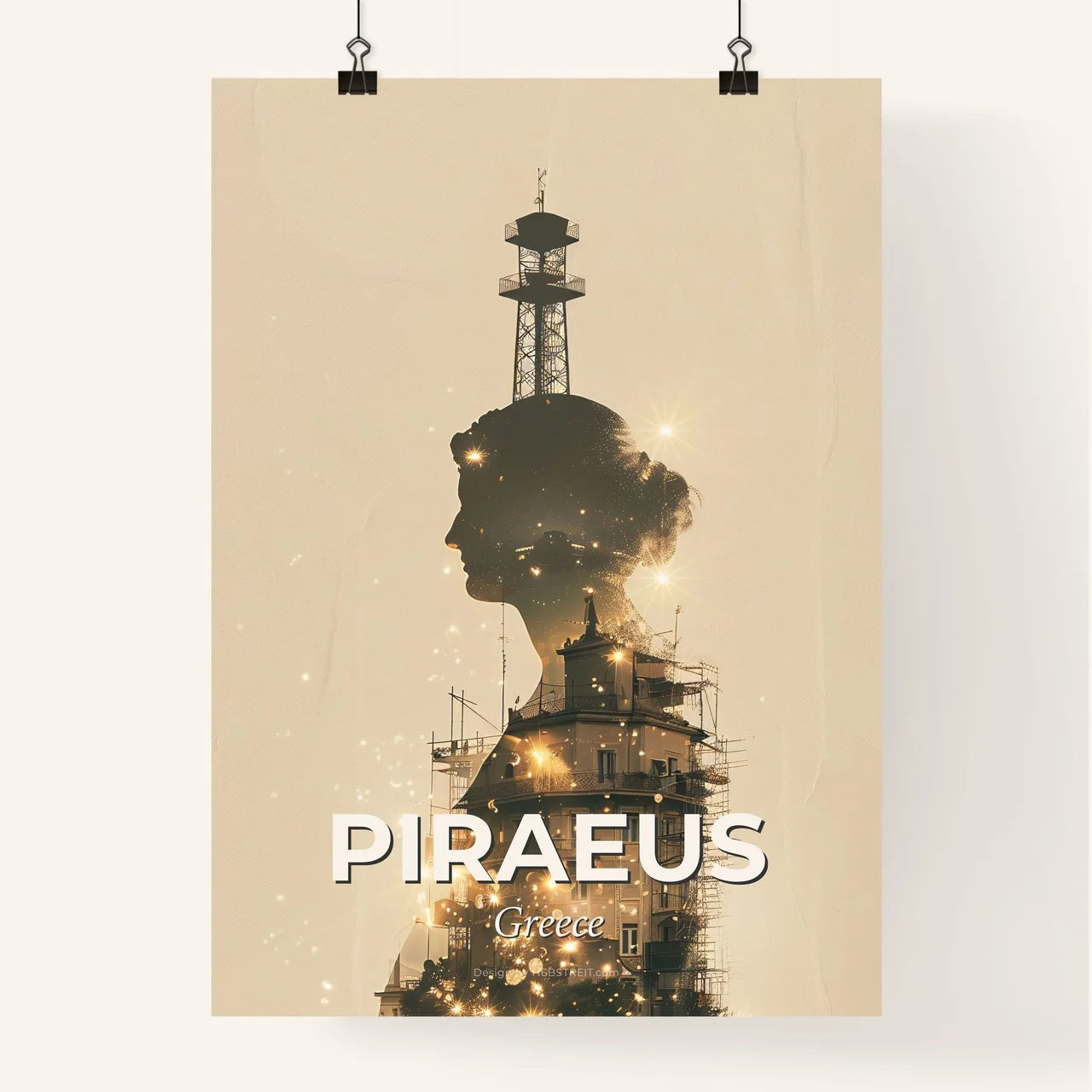 Piraeus Skyline Silhouettes with Sparkles Poster