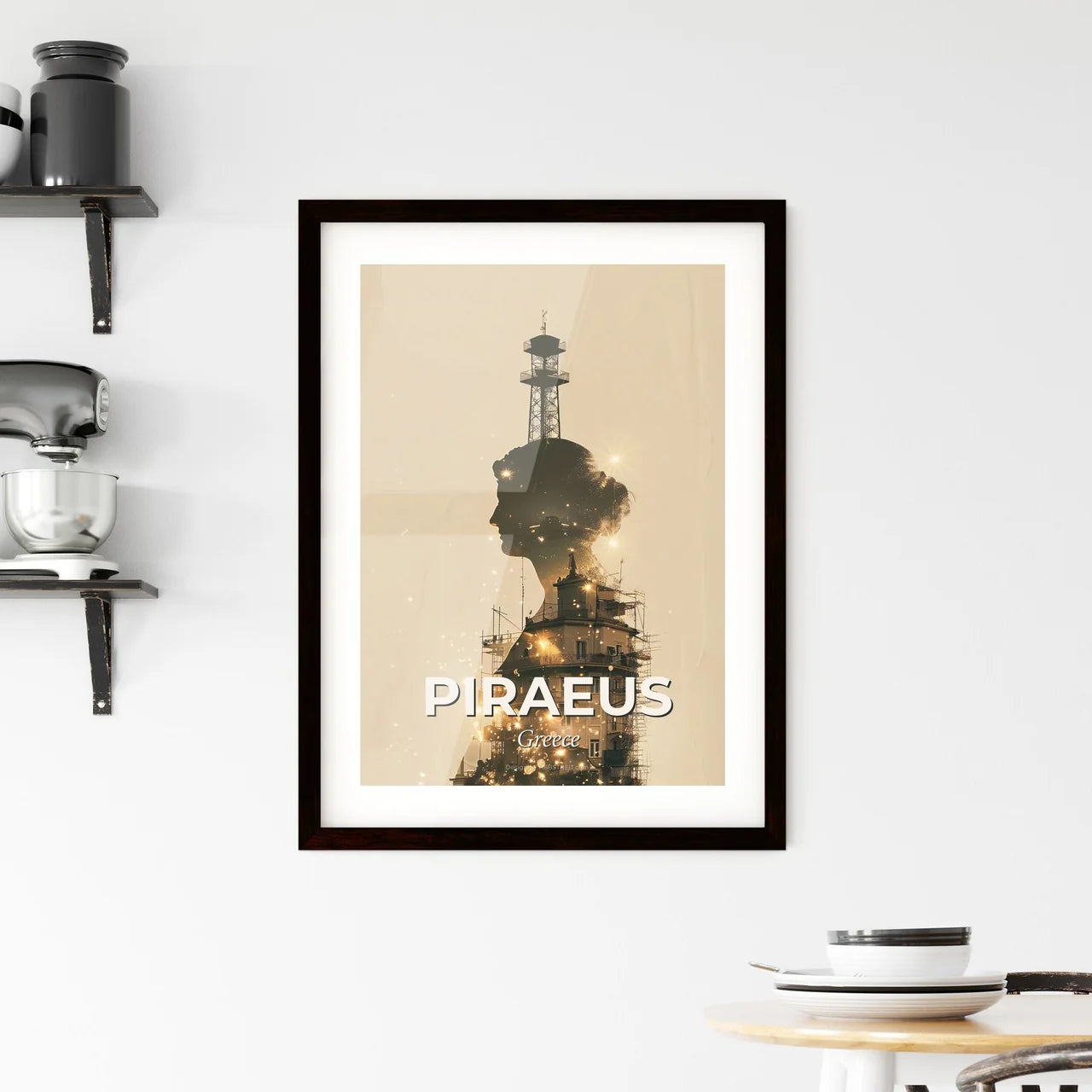Piraeus Skyline Silhouettes with Sparkles Framed Print