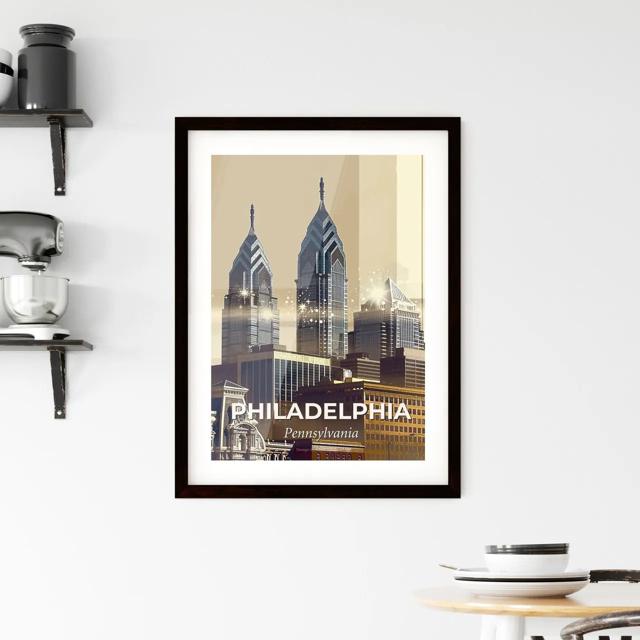 Philadelphia Skyline Art: City Icons and Sparkle Framed Print