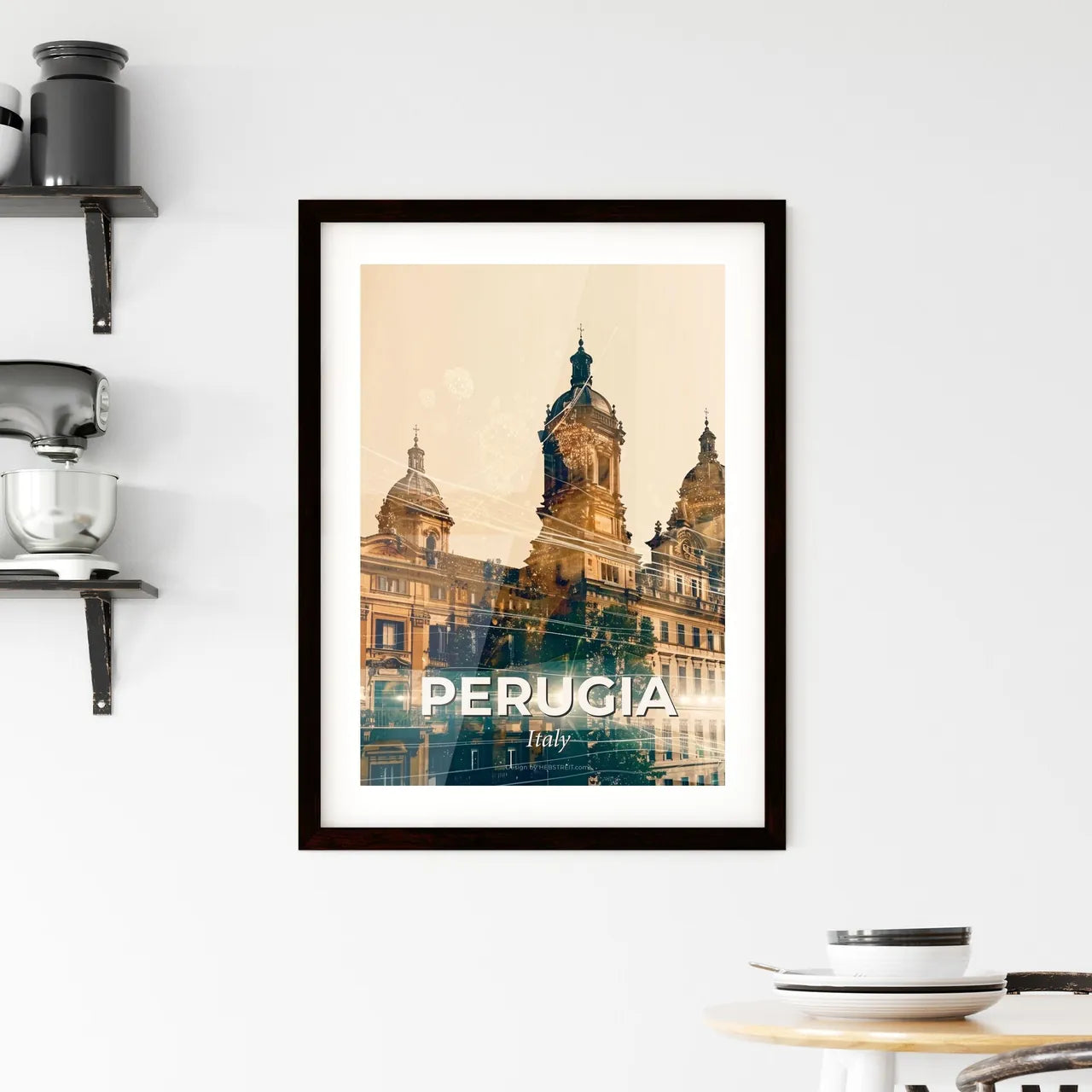Perugia Skyline Composite Art on Beige Framed Print