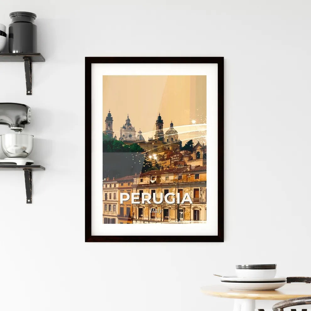 Perugia Skyline Beige Double Exposure Cityscape Poster Framed Print