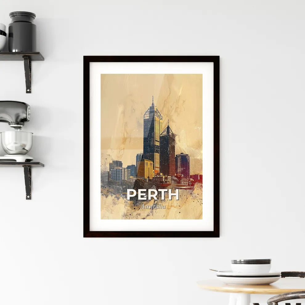 Perth Skyline Composite Art with Local Icons, Beige Framed Print