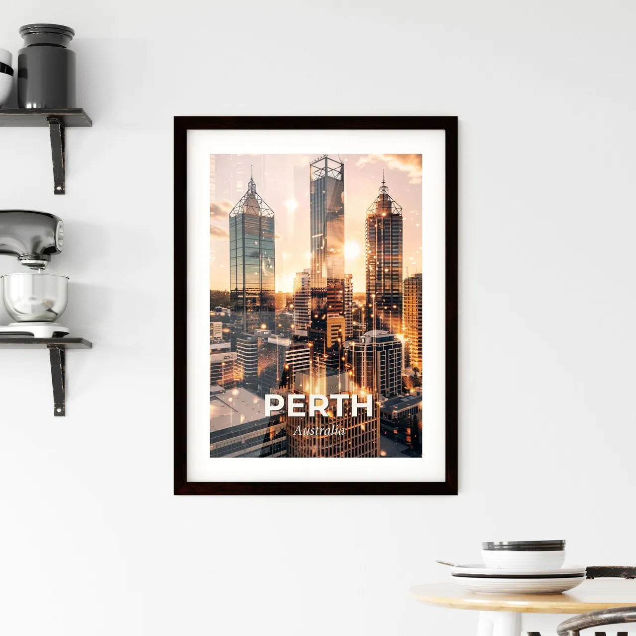 Perth Skyline Composite Art Poster with Local Icons Framed Print