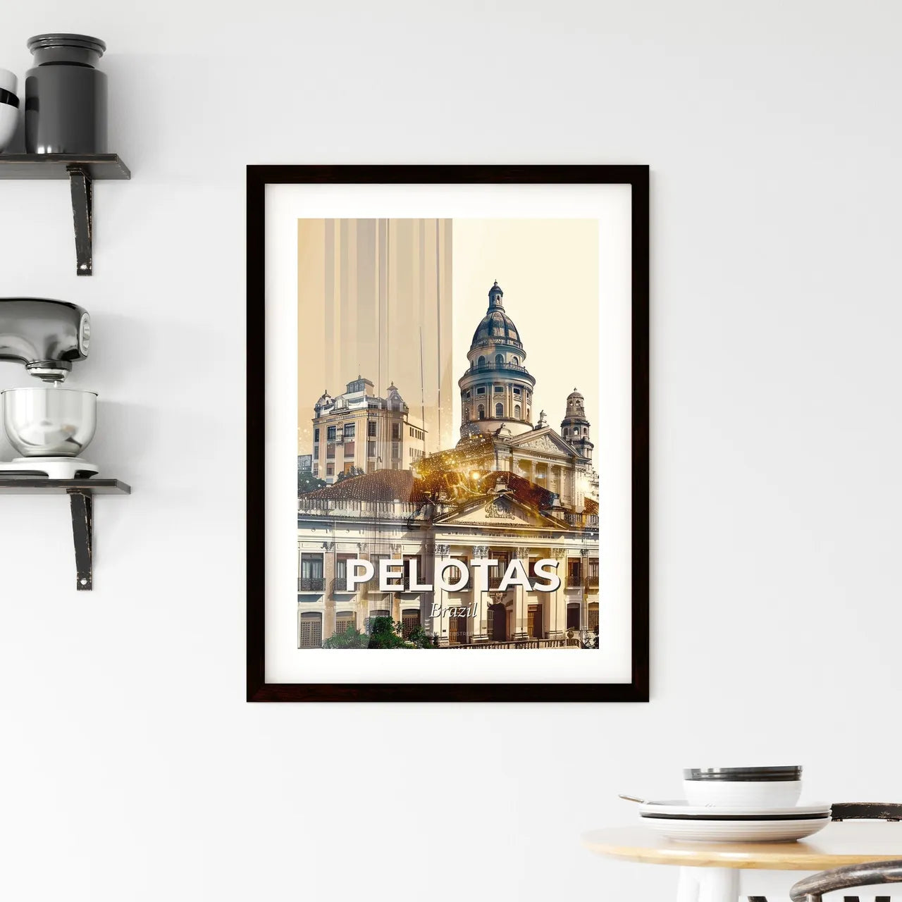Pelotas Skyline Beige Poster with Local Icons Framed Print