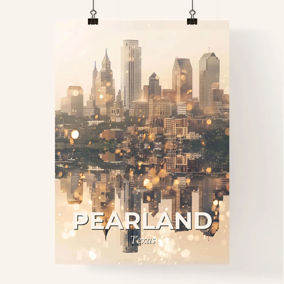 Pearland Skyline: City Icons in a Golden Glow Poster