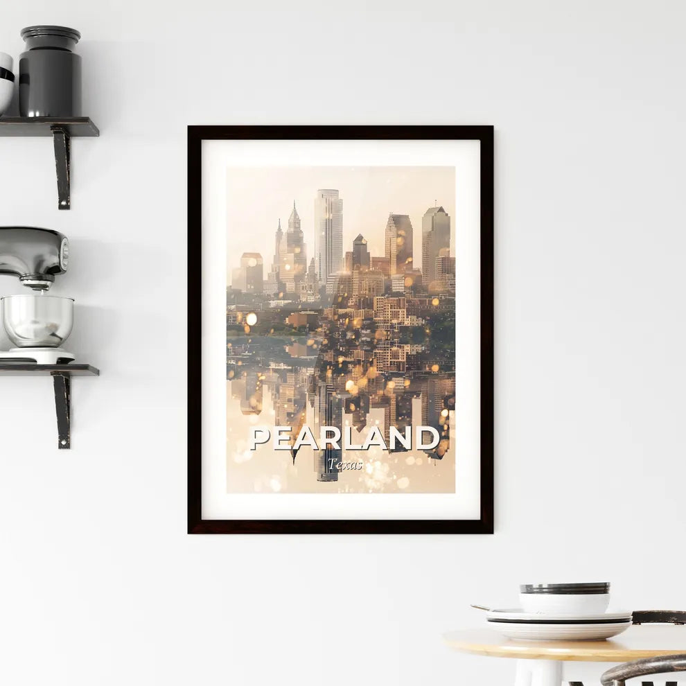 Pearland Skyline: City Icons in a Golden Glow Framed Print